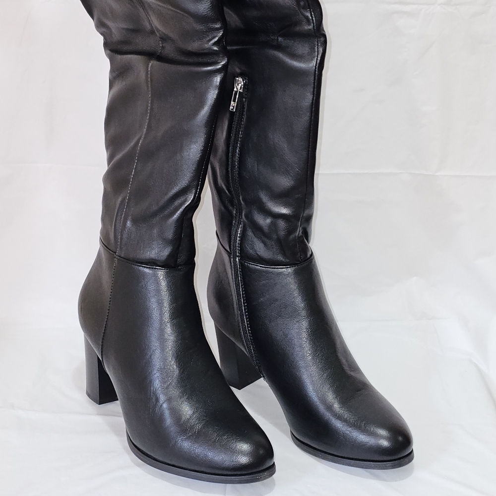 New York & Company Women's Amory Stacked Heel Over the Knee Boots, US 11, black